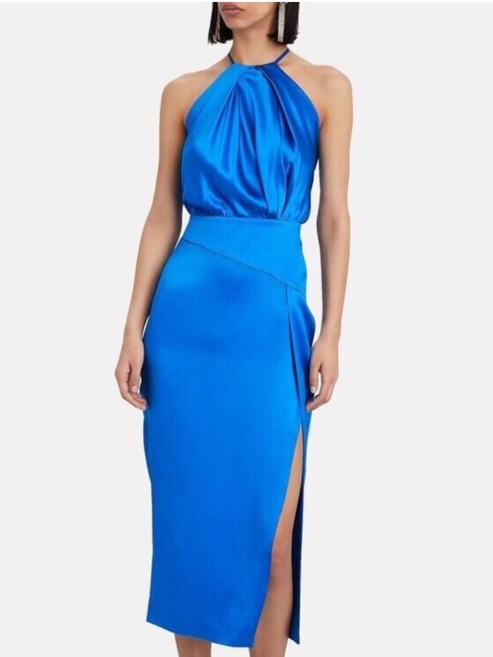Michelle Mason Pleat Halter Dress Sky Blue 100% Silk Midi Semi Formal Cocktail